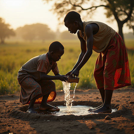 African children drinking water from a small well.の素材