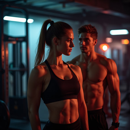 Portrait of a muscular young couple in the gym at night.の素材
