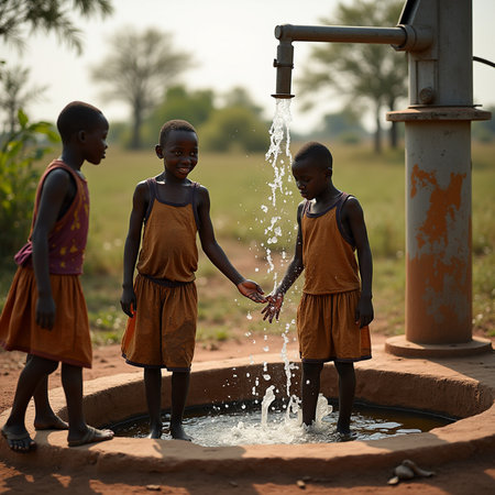 African children drinking water from a wellの素材