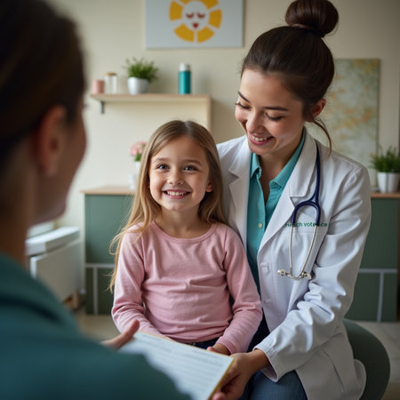 Smiling female doctor and little girl patient discussing something while sitting at the table. Medicine conceptの素材