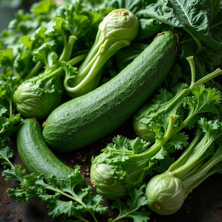 Green zucchini and celery on dark rustic background.の素材