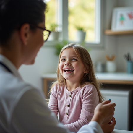 Portrait of smiling little girl being examined by pediatrician at homeの素材