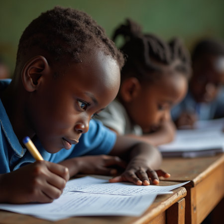 Cute african american schoolboy doing homework in classroom.の素材