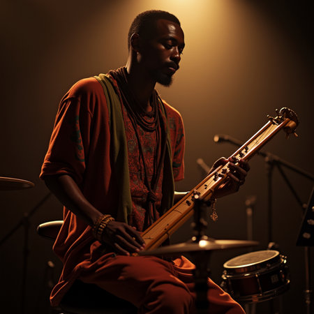 Young african american man playing the electric bass guitar on stageの素材