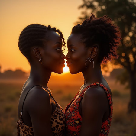 Two beautiful African American women in red dress kissing on sunset backgroundの素材