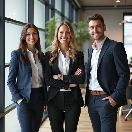 Group of business people standing in office, smiling and looking at camera.の素材
