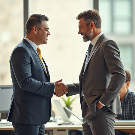 business, partnership and office concept - smiling businessmen shaking hands in officeの素材