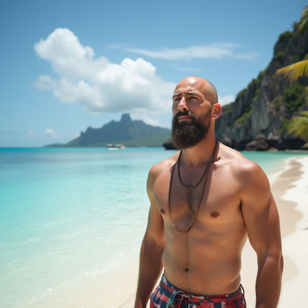 Handsome man on the beach at Seychelles.の素材