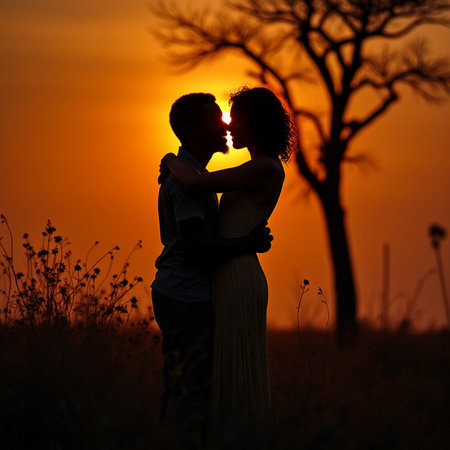 Silhouette of a loving couple at sunset in the field.の素材