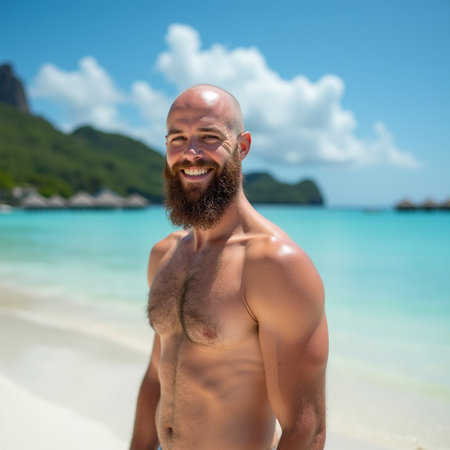 Bearded man with tanned skin posing on the beach in Thailandの素材