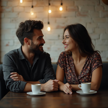 Young couple in love drinking coffee in a cafe. Man and woman sitting at a table.の素材