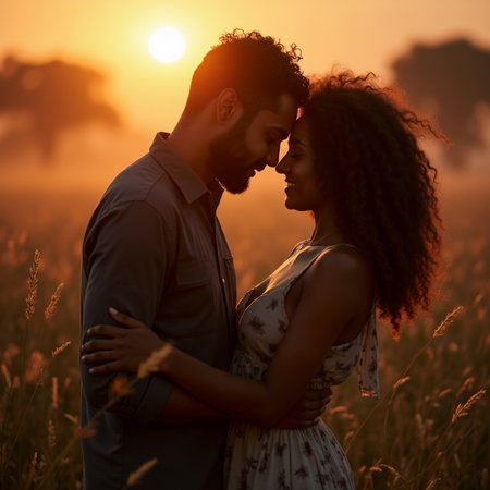 Young african american couple embracing in the field at sunset.の素材