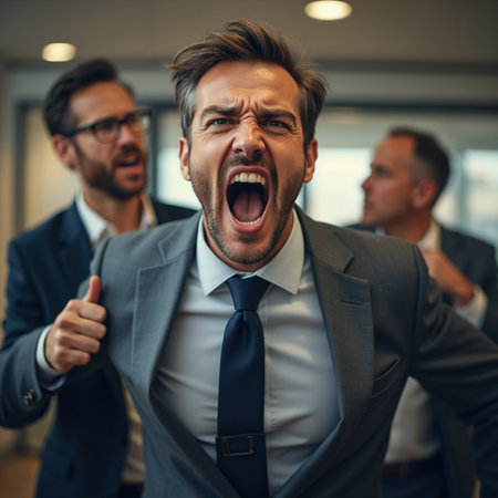 Portrait of angry businessman screaming at colleague in office. Business concept.の素材
