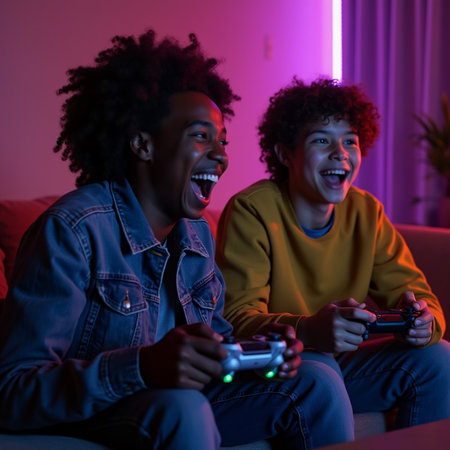 African american father and son playing video games at home in neon lightの素材