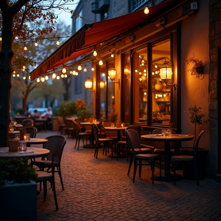Tables and chairs in a street cafe at night, Paris, Franceの素材