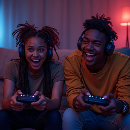 Young african american man and woman playing video games at homeの素材