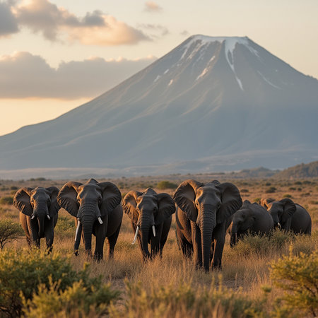 Elephants and Mt Kilimanjaro, Tanzania, Africaの素材