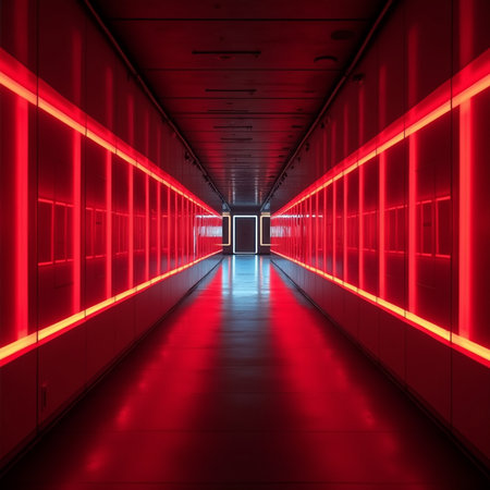 Futuristic corridor with glowing lights and reflections. 3d renderingの素材