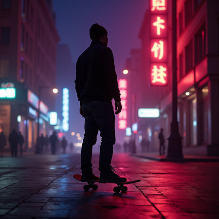 Young man with skateboard on the street at night in Beijing, Chinaの素材