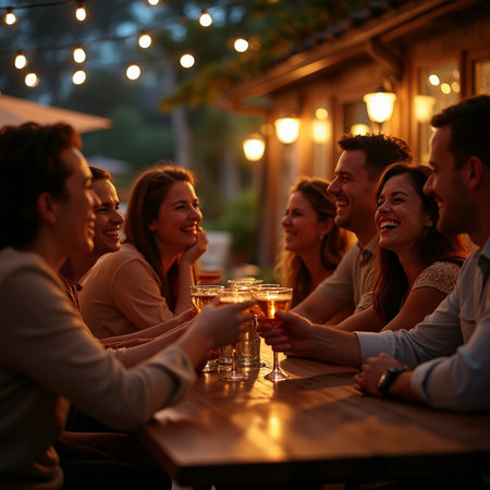 Group of friends having fun and drinking cocktails in a restaurant. They are sitting at the table and smiling.の素材