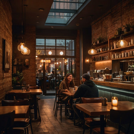 Couple sitting at a table in a pub, drinking coffee.の素材