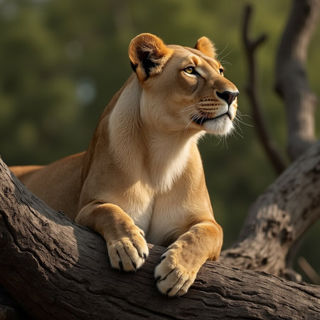 Lioness sitting on a branch in the shade of a treeの素材