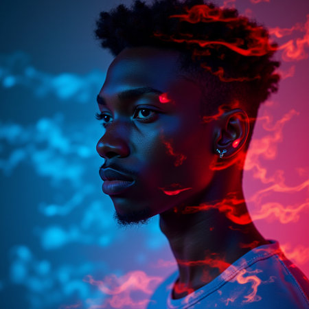 Portrait of a young African American man in neon lightの素材