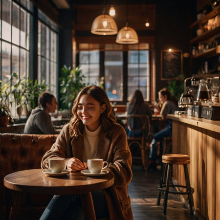 Attractive young woman drinking coffee and smiling while sitting in a cafeの素材