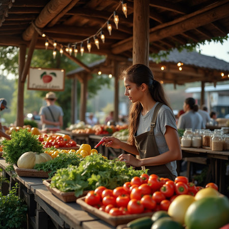 Young woman in apron selling fresh vegetables at farmers market. Food concept.の素材