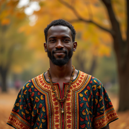 Portrait of a young handsome African man wearing traditional clothes in the autumn park.の素材