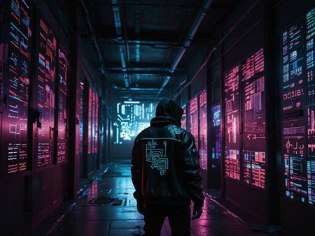Rear view of hacker in a dark corridor with binary code.の素材