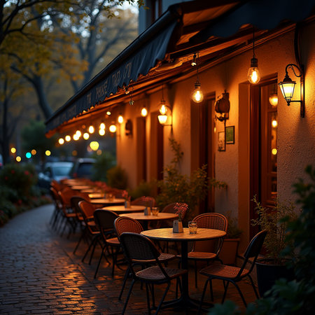 Street cafe in the old town of Riga at night, Latviaの素材