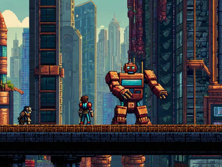 battle robot on the bridge with skyscrapers background,illustrationの素材