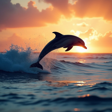 Dolphin jumping out of the water at sunset. 3d renderingの素材