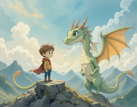 cartoon scene with boy and dragon on the mountain - illustration for childrenの素材