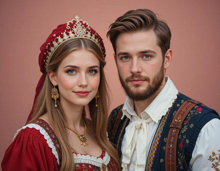 Portrait of a beautiful young couple in traditional Russian clothes.の素材