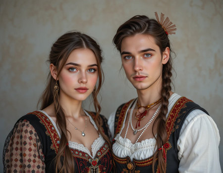 Portrait of two young women in traditional Bavarian clothes.の素材