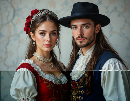Portrait of a beautiful young couple in medieval dress and hat.の素材