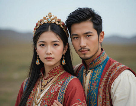 Portrait of young Asian couple in traditional clothes, Thailand.の素材