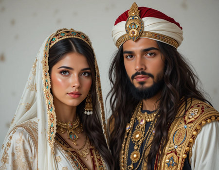 Portrait of a beautiful Indian bride and groom in wedding dressesの素材