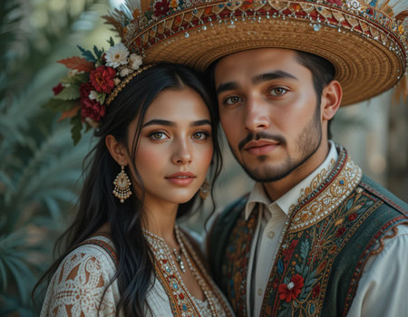 Portrait of a beautiful couple in Mexican sombreroの素材