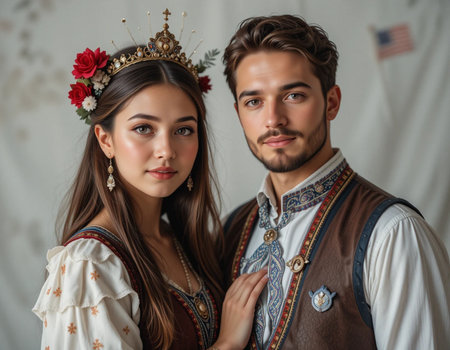 Portrait of a beautiful young couple in medieval clothes. Retro style.の素材