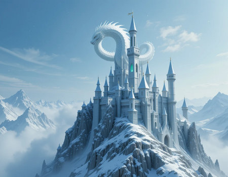 Fantasy landscape with fantasy castle in the clouds. 3d illustrationの素材