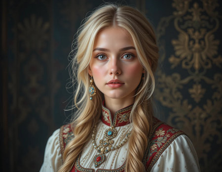 Portrait of a beautiful young woman with long blond hair in a medieval costumeの素材