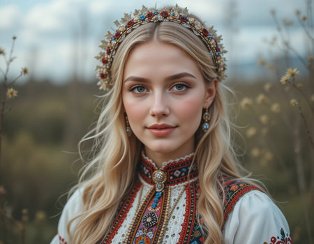 Portrait of a beautiful blonde girl with long hair in a Russian folk costume.の素材