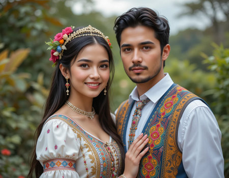 Portrait of young Asian couple in traditional clothes posing in the gardenの素材