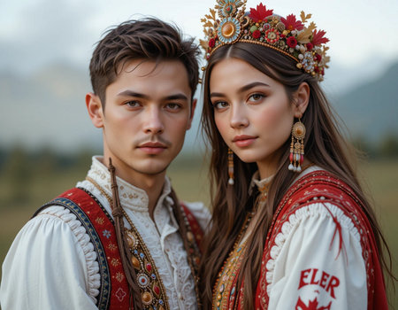 Portrait of a beautiful young couple in traditional Ukrainian clothes posing outdoor.の素材