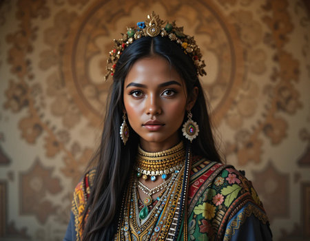 Portrait of a beautiful young Asian woman in Indian costumeの素材