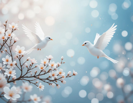 Two white pigeons flying on a branch of blooming sakuraの素材