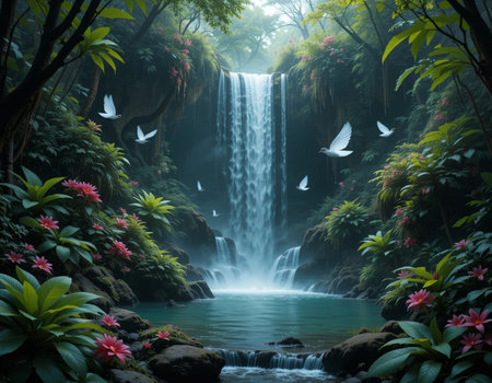 Waterfall in the tropical forest with white doves flying over itの素材